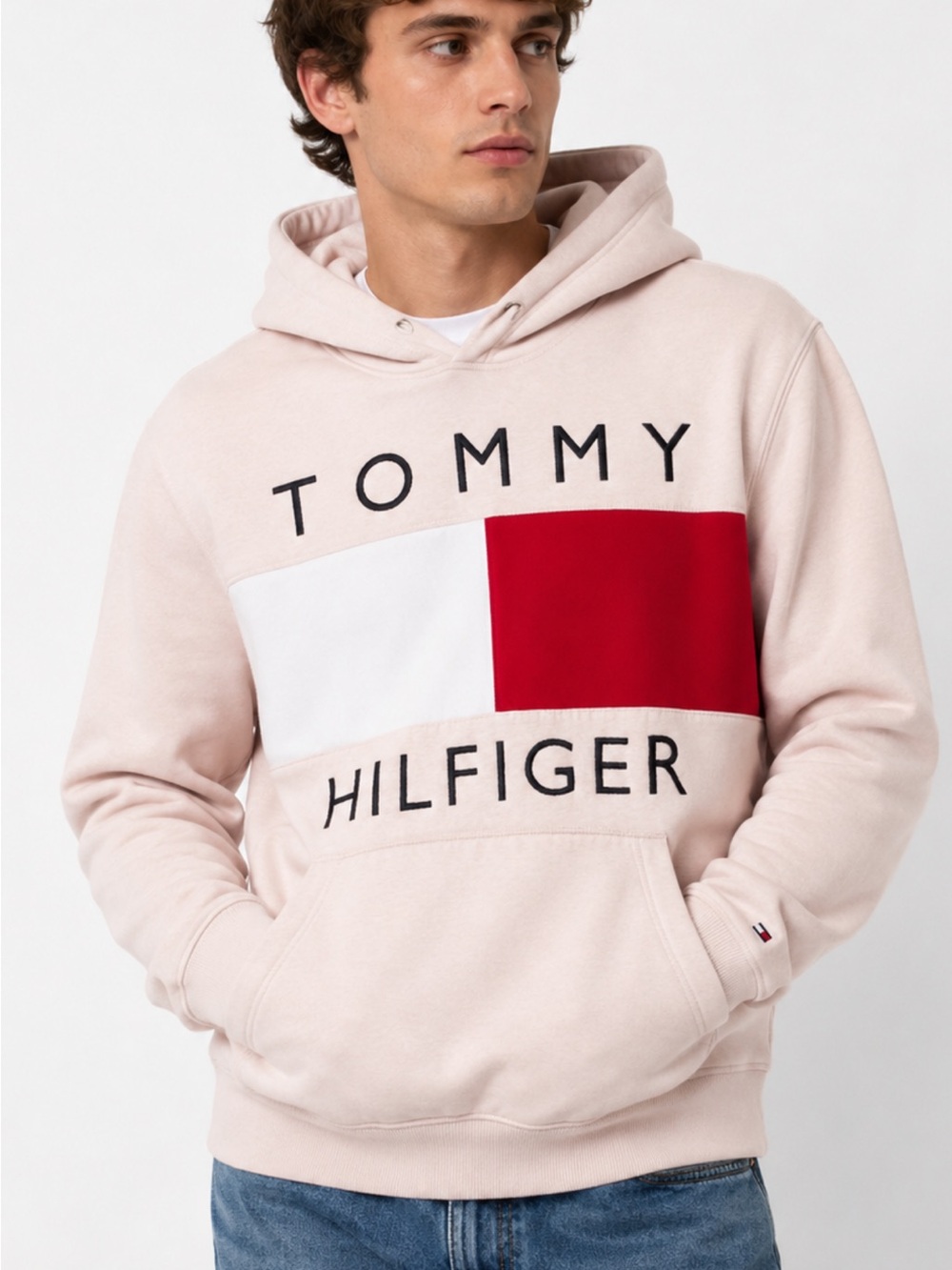 Tommy Hilfiger Pale Pink Hoodie with Red & White Flag Panel Size M